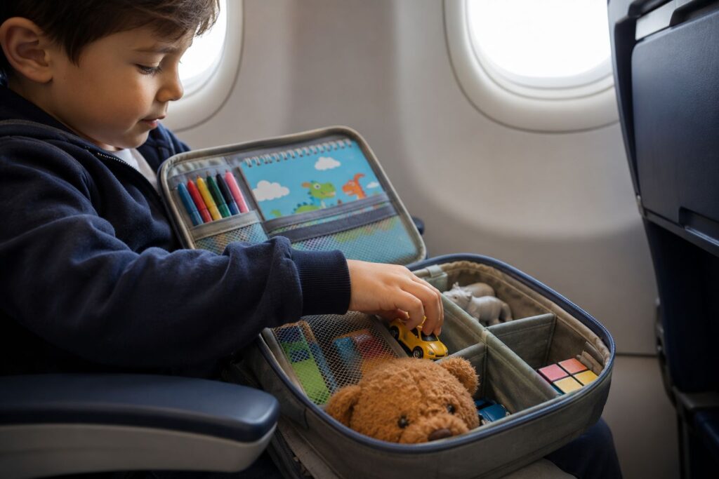 criança escolhendo um brinquedo dentro de um kit de entretenimento organizado para viagem de avião