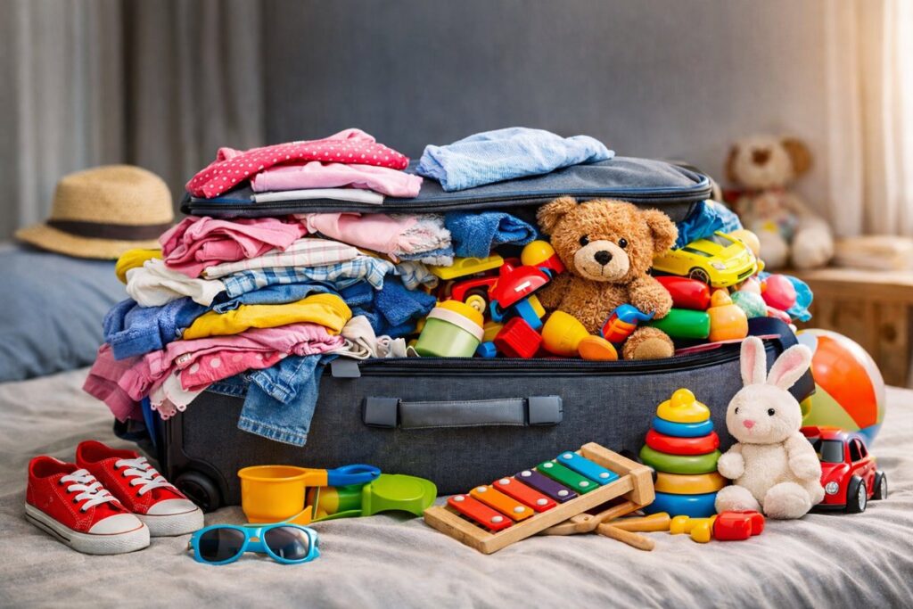 Erros ao montar mala infantil com excesso de roupas e brinquedos desorganizados em mala de criança