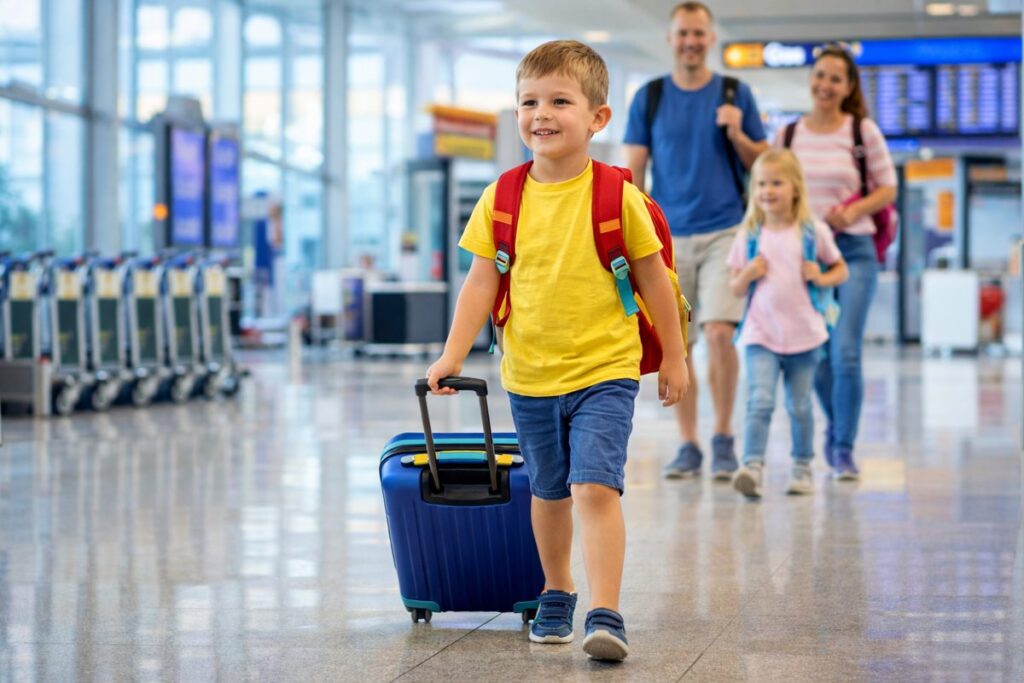 crianca com mochila e mala de mão no aeroporto viajando com a família