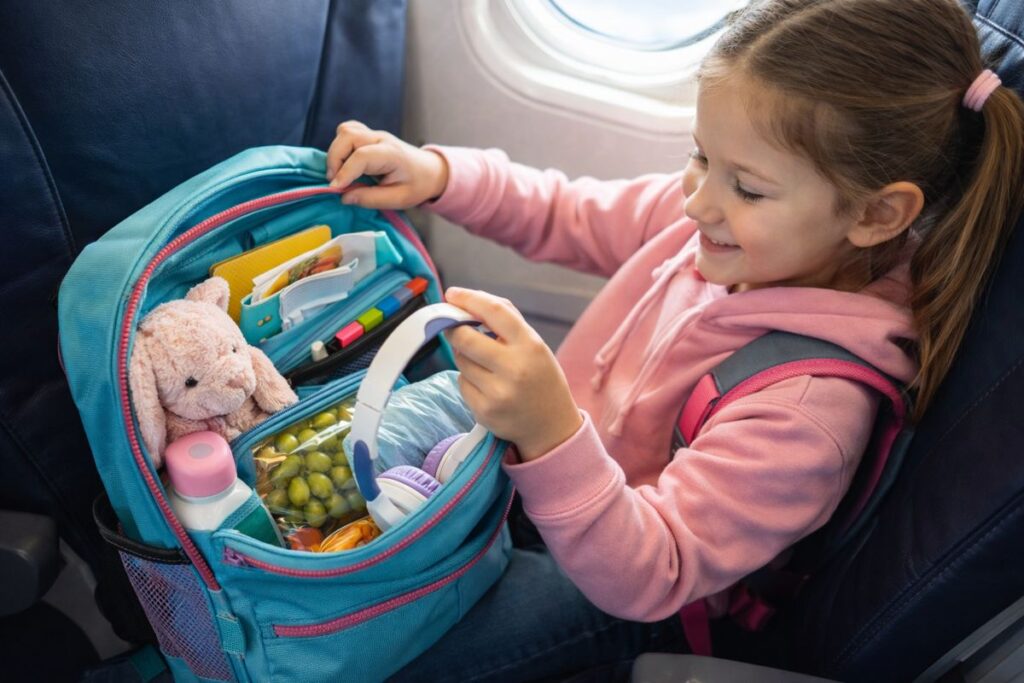 crianca pode levar mochila no aviao com itens organizados para viagem