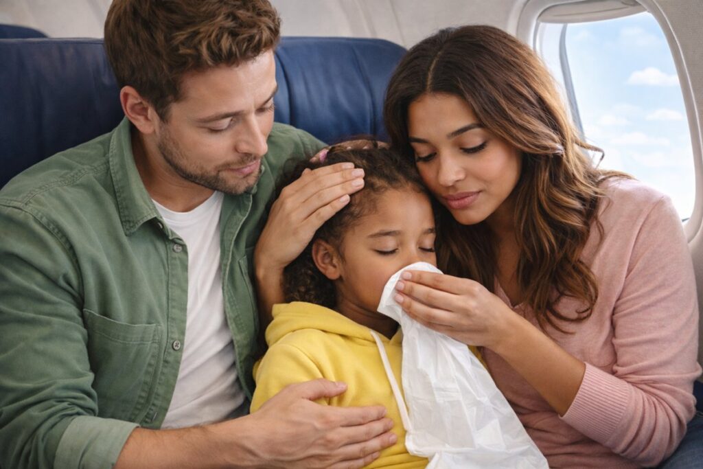 criança vomita no avião