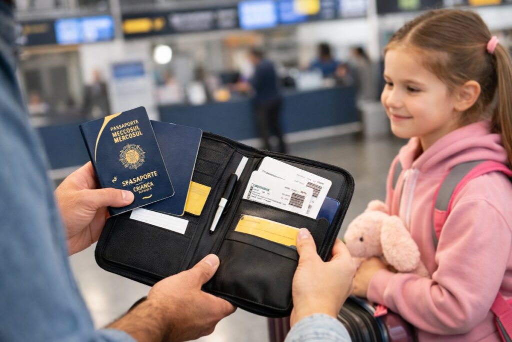 documentos para viajar com criança organizados no aeroporto antes do embarque
