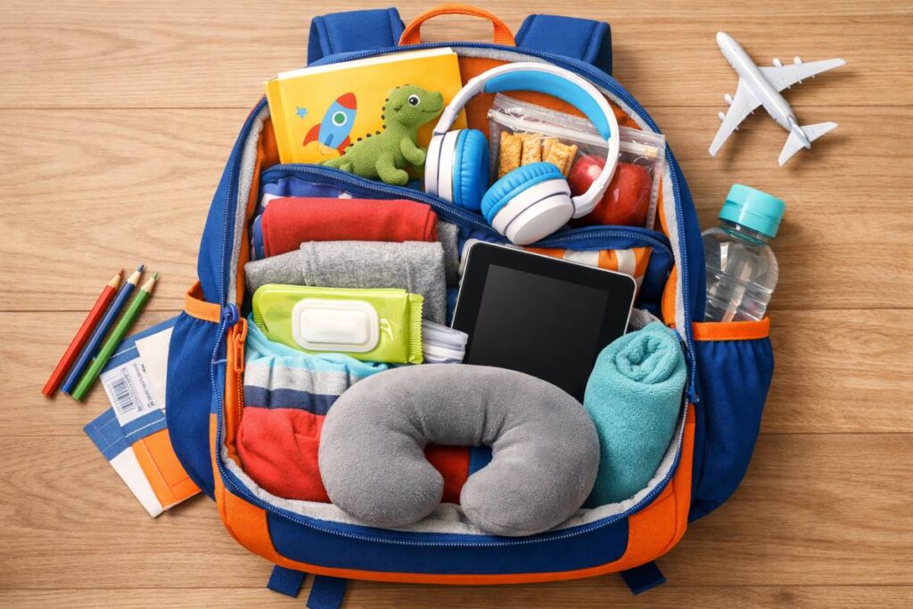 itens na mochila da criança no avião organizados para viagem