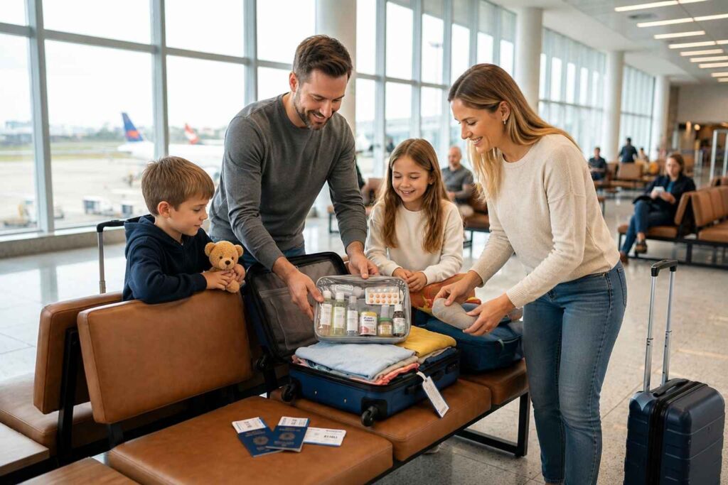 Família organizando líquidos no avião com criança em uma mala de mão antes do embarque.
