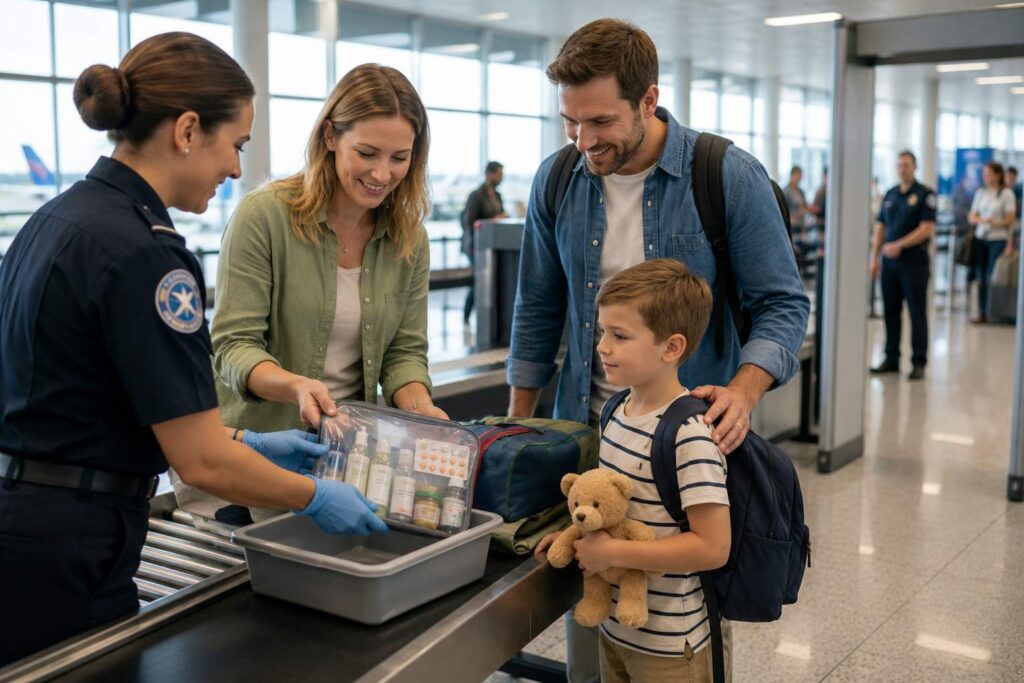 Família passando pela inspeção de segurança com líquidos no avião com criança organizados em uma necessaire transparente.
