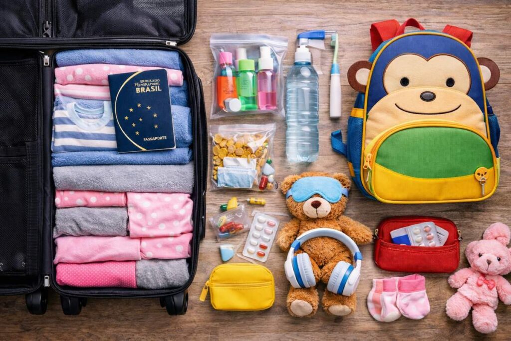 mala de mão com criança organizada para viagem
