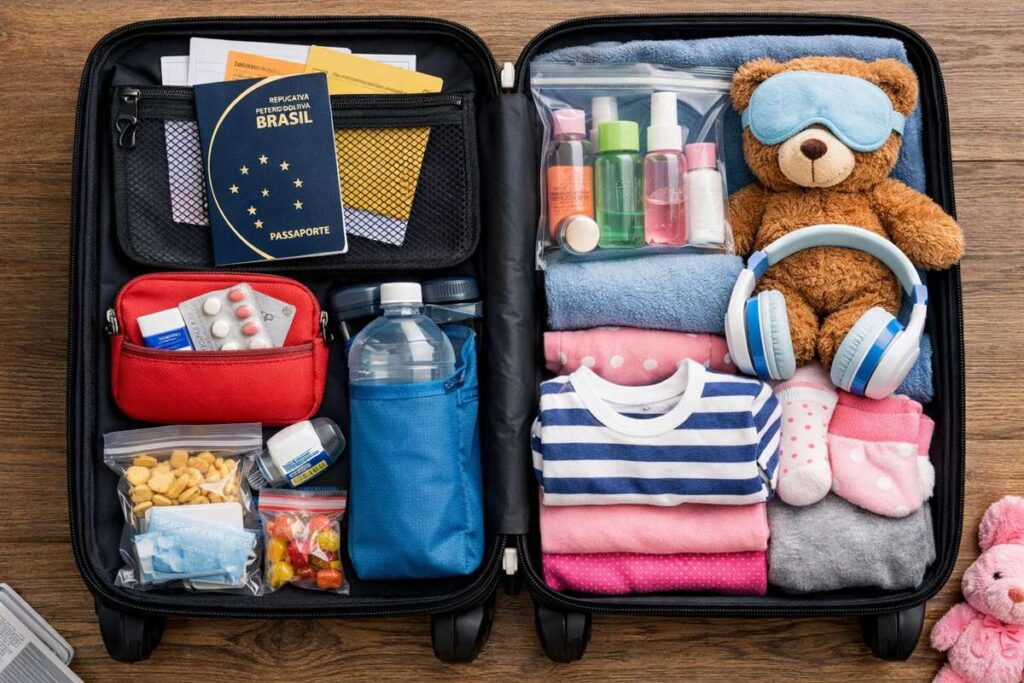 mala de mão para viagem internacional com criança organizada