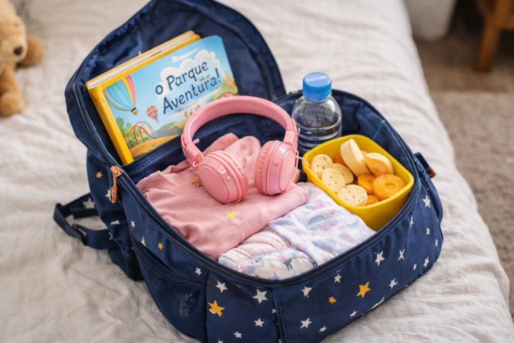 mochila de criança aberta com fone infantil livro lanche e troca de roupa para viagem