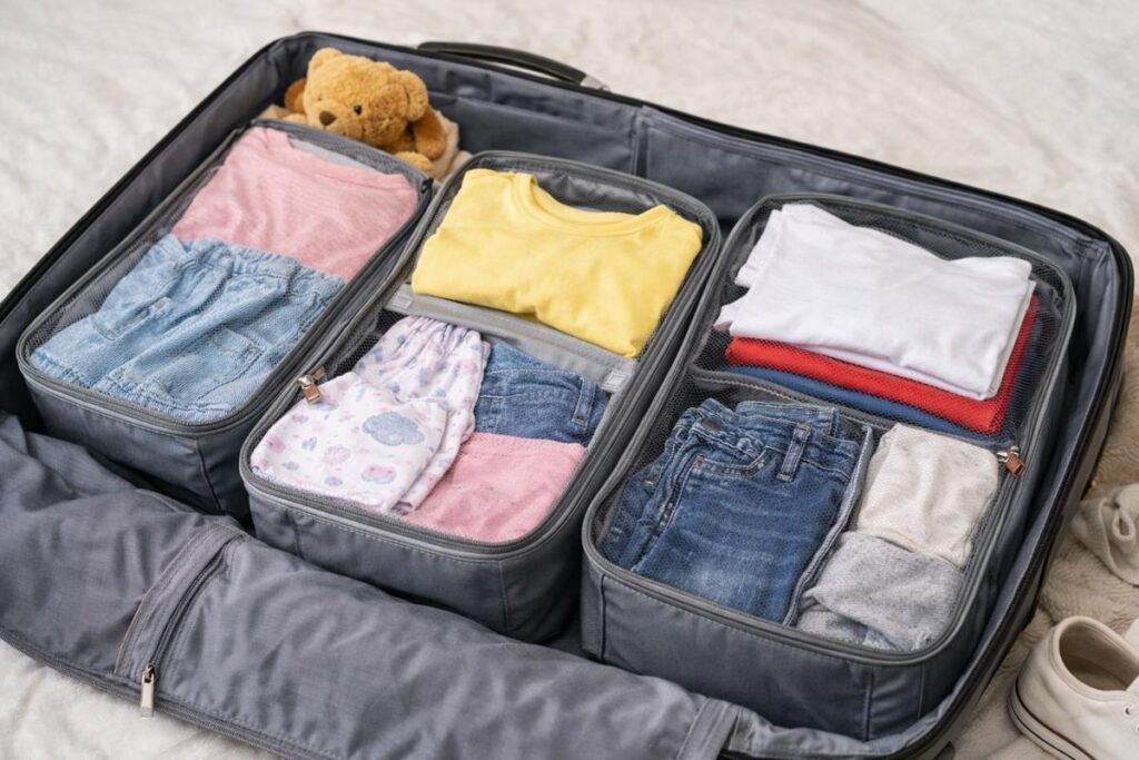 organizadores de mala separando roupas da criança e dos pais na viagem