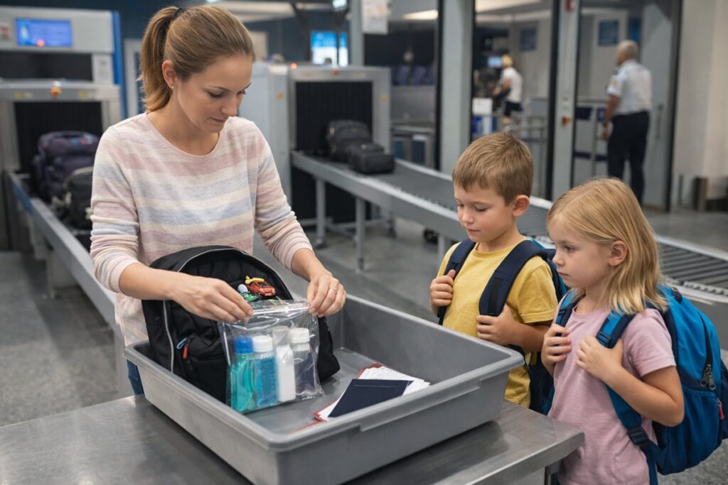 como passar pela segurança do aeroporto com criança organizando líquidos