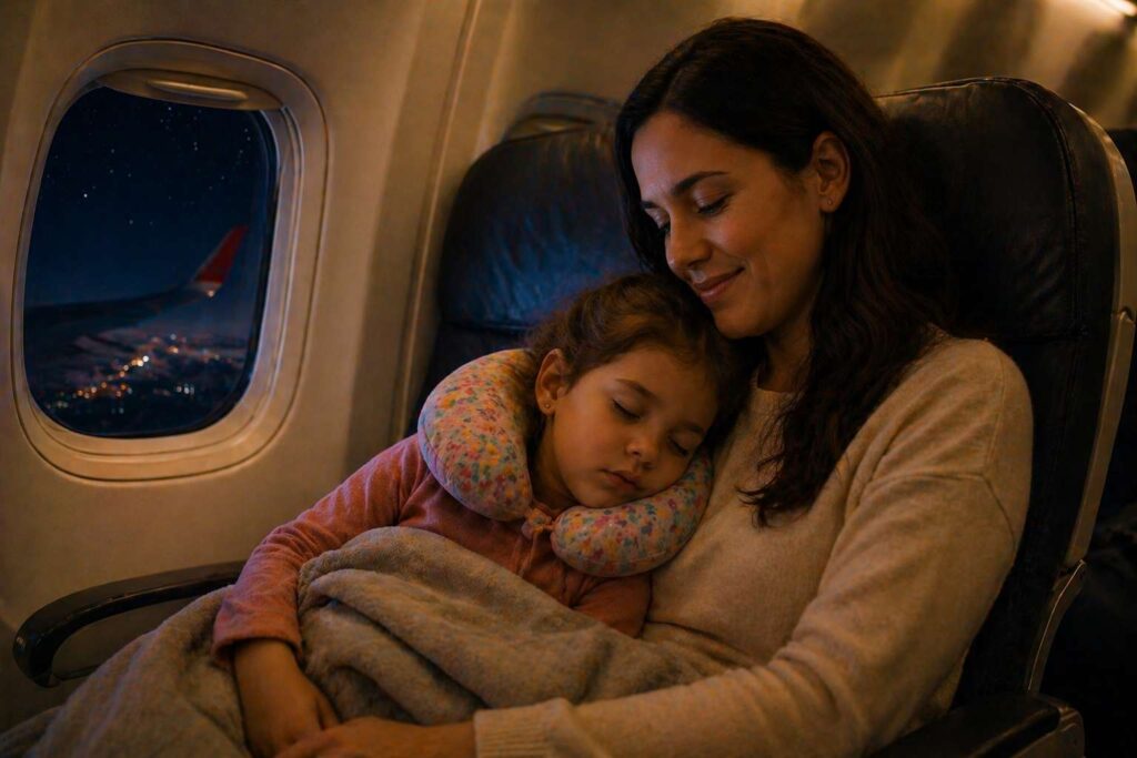 criança dormir no avião tranquila com apoio de pescoço e cobertor ao lado da mãe