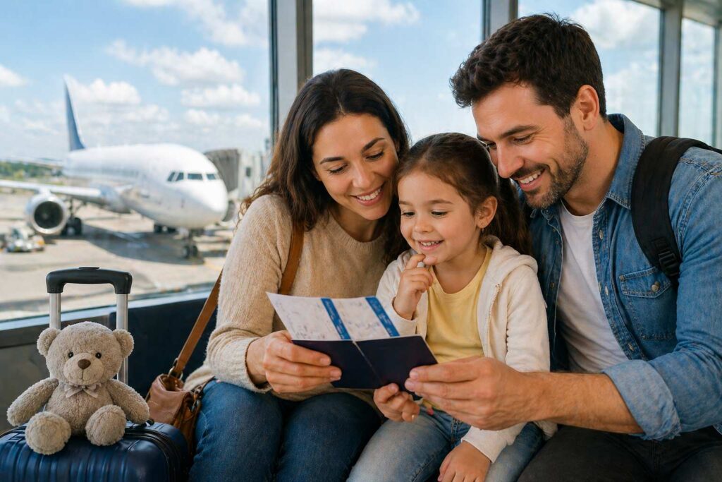 criança paga passagem de avião família no aeroporto com criança viajando
