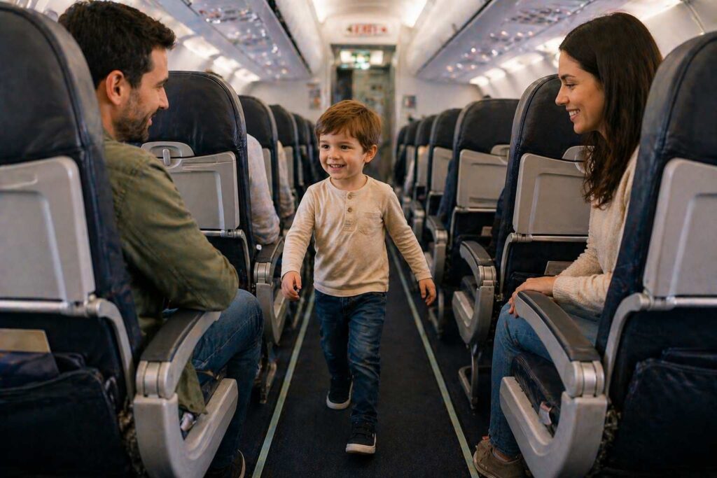 criança pode andar no avião caminhando no corredor com pais observando