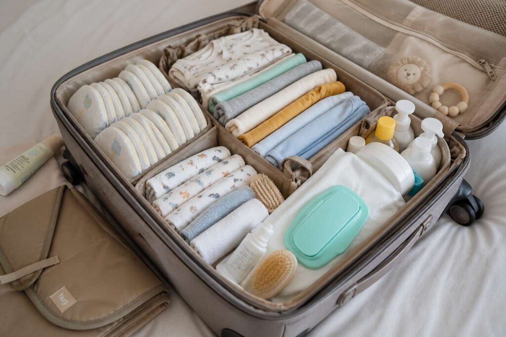mala de bebê para viagem organizada com roupas fraldas e itens essenciais