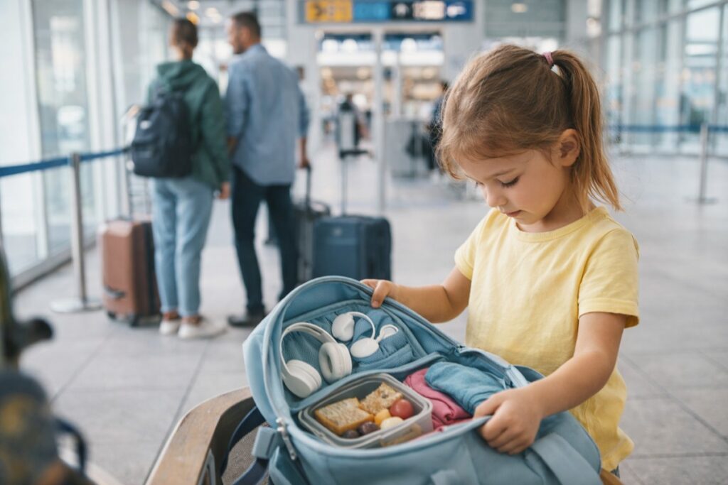 o que não colocar na mochila da criança no avião com itens organizados para viagem