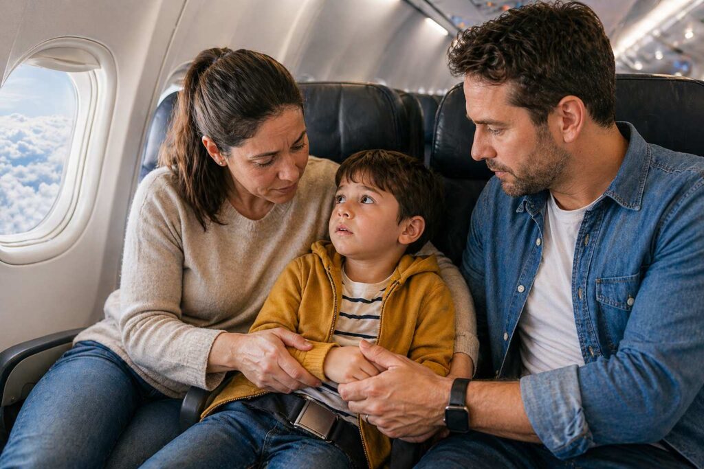 turbulência no avião com criança sendo acalmada pelos pais durante voo