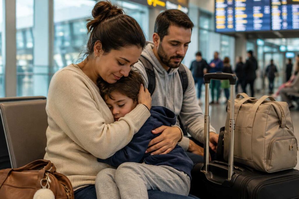birra no aeroporto durante viagem com criança