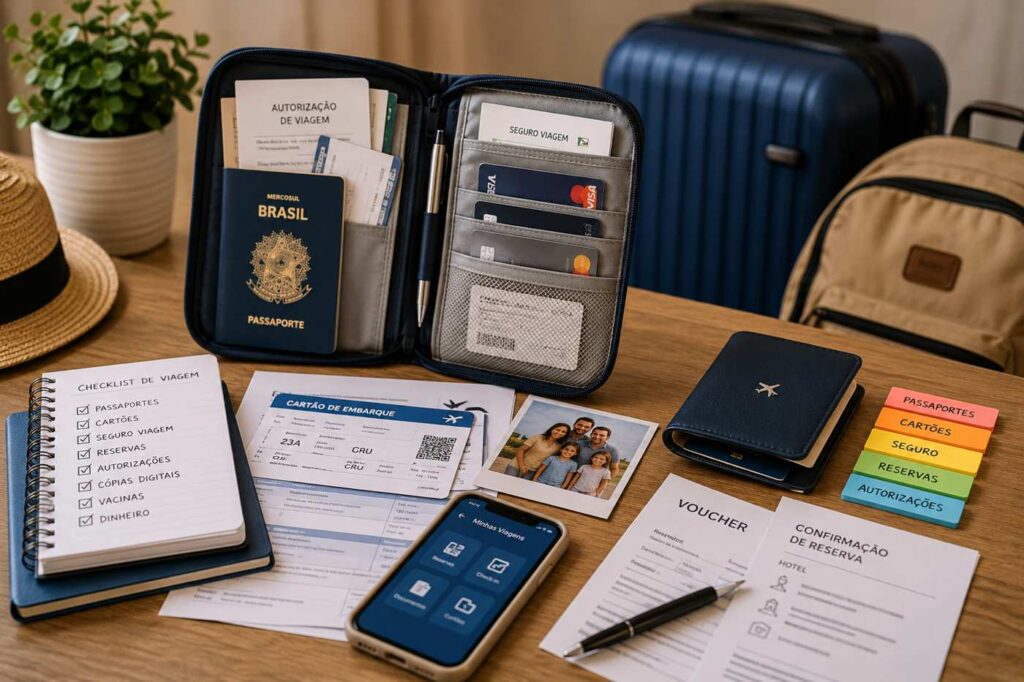 documentos da família para viagem organizados