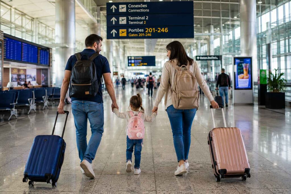 escala com criança em aeroporto internacional