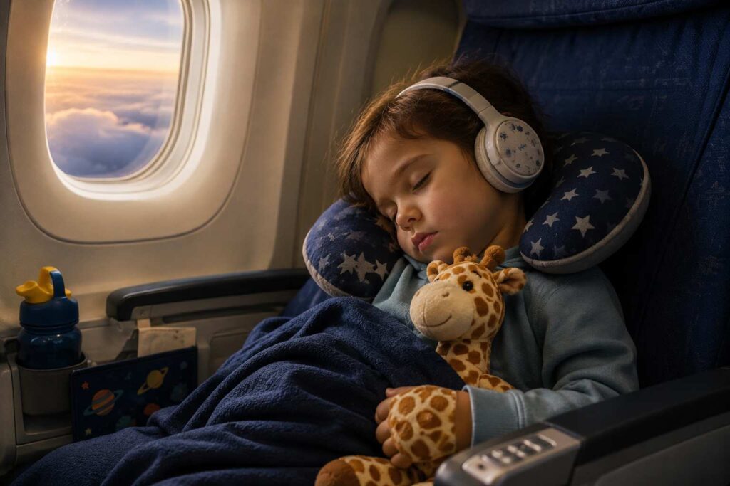 jet lag em criança durante viagem de avião com criança dormindo confortável