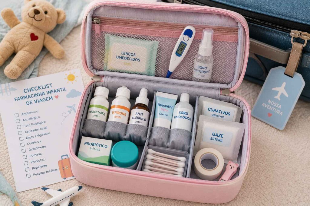 lista de remédios para viajar com criança organizada na mala