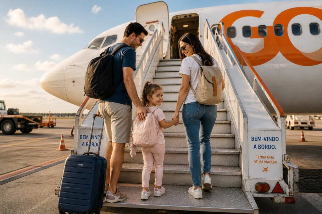 primeira viagem de avião com criança embarque tranquilo família entrando no avião