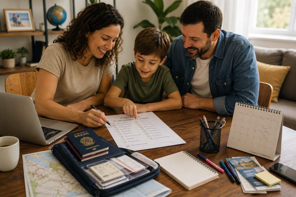 Checklist de planejamento de viagem com crianças sendo organizado por uma família antes das férias
