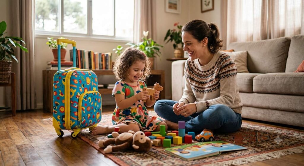 Criança brincando ao lado de uma mala infantil enquanto se prepara para uma viagem em família.