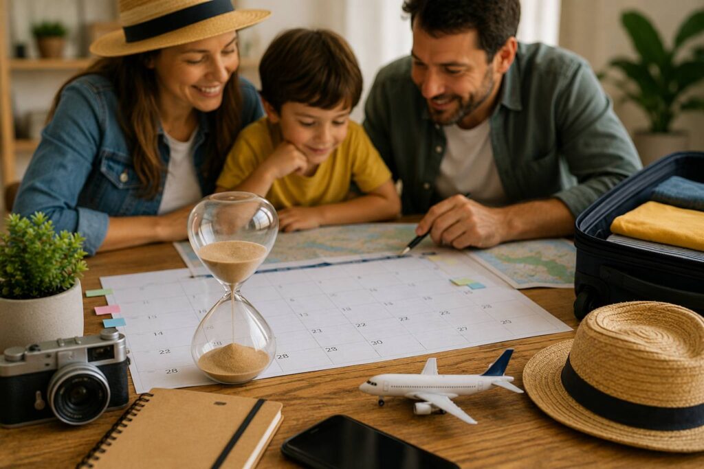 duração ideal de uma viagem com crianças sendo planejada por uma família