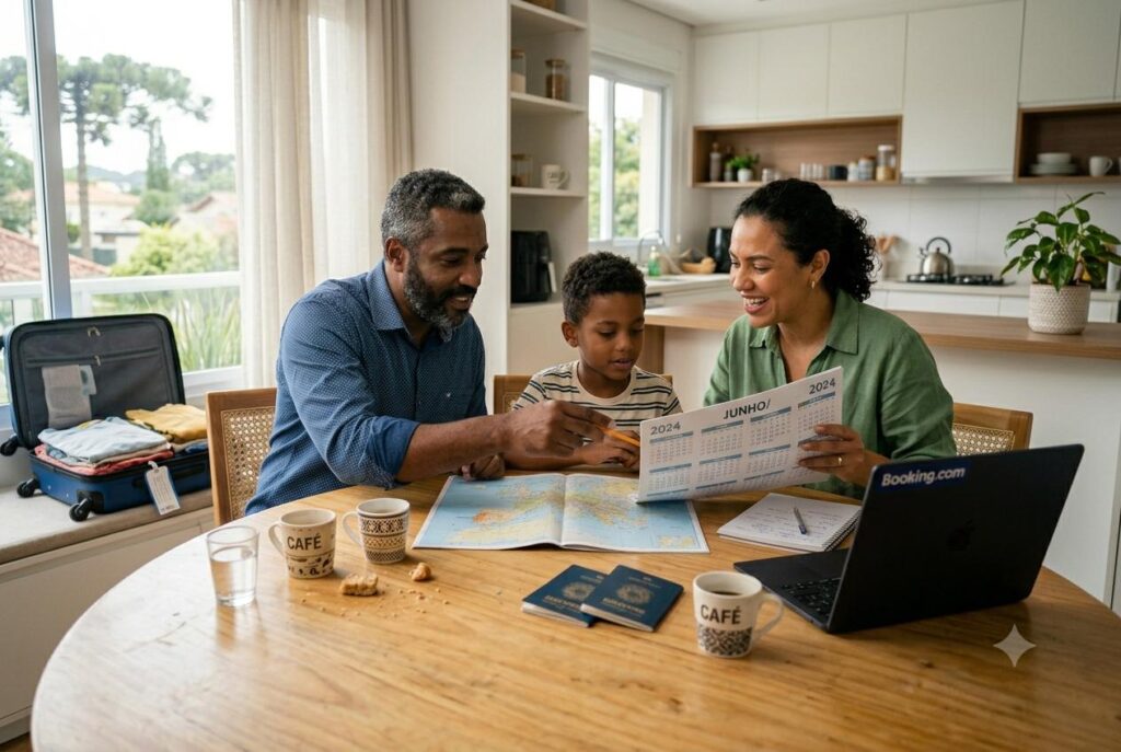 Família planejando a duração ideal de uma viagem com crianças ao redor da mesa com calendário, mapa e passaportes.