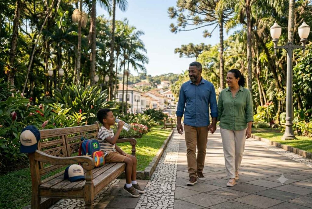 Família respeitando o ritmo da criança durante a duração ideal de uma viagem com crianças em um passeio ao ar livre.