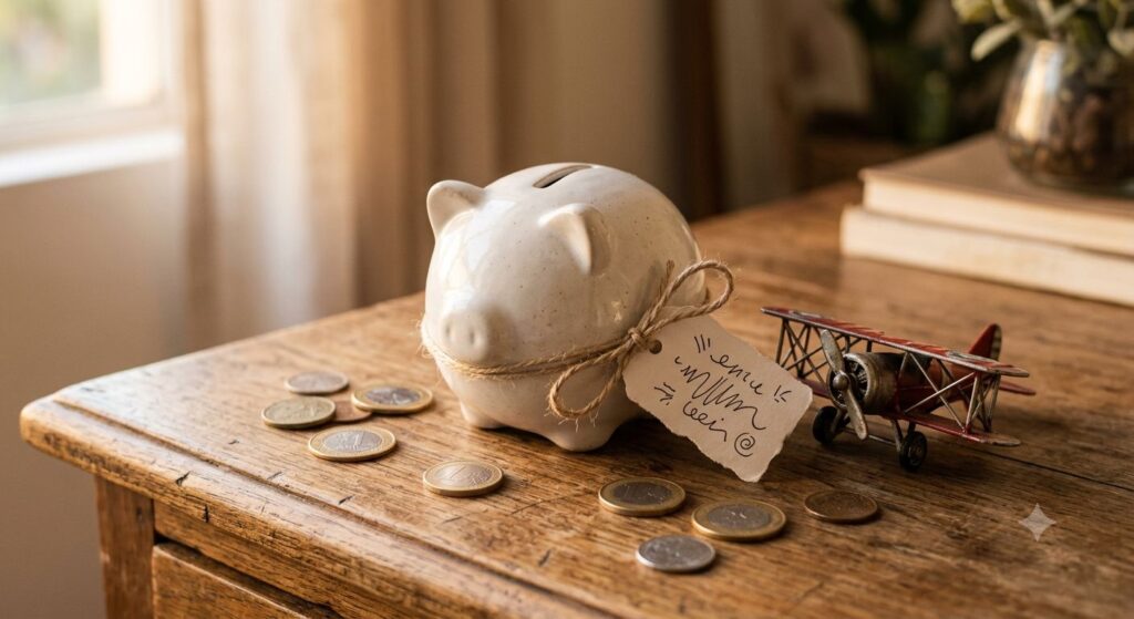 Cofrinho com moedas e um avião de brinquedo representando a economia para uma viagem em família.