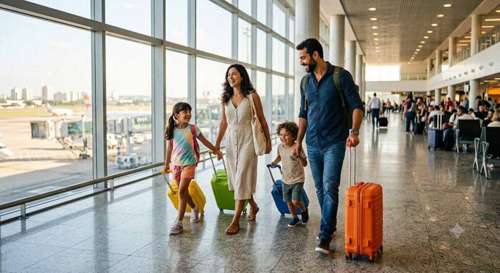 Família com duas crianças caminhando pelo aeroporto com malas antes de uma viagem internacional.