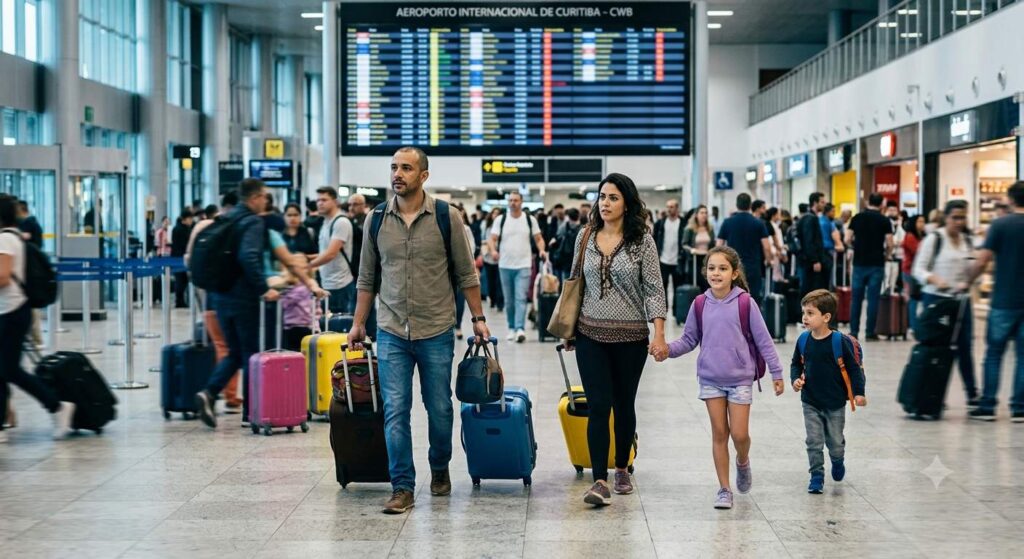 Família com duas crianças caminhando pelo terminal de um aeroporto internacional com malas de viagem.