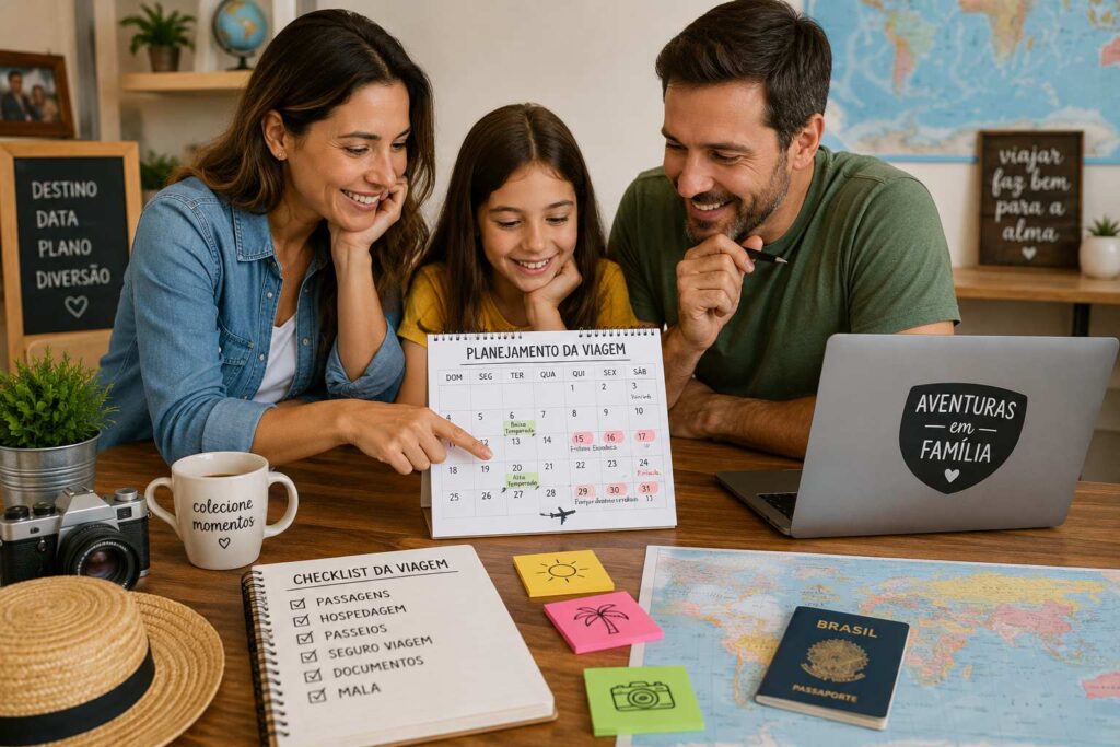 Melhor época para viajar com crianças sendo escolhida por família durante o planejamento da viagem
