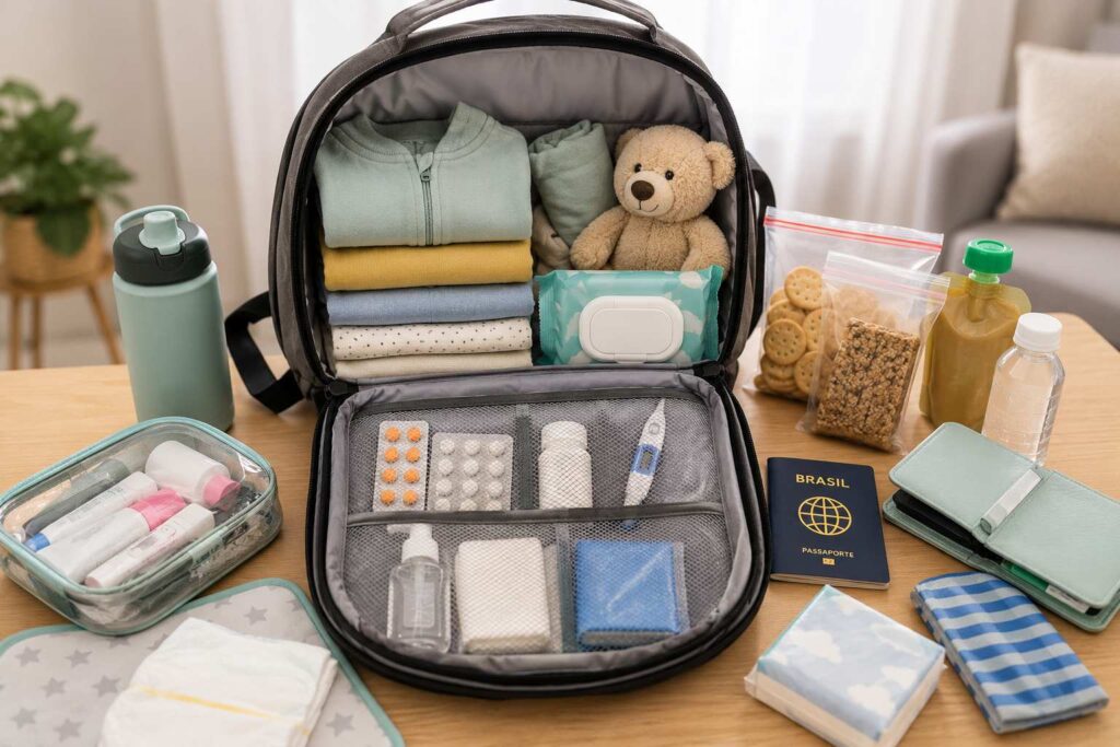 mochila de emergência para viagem com criança