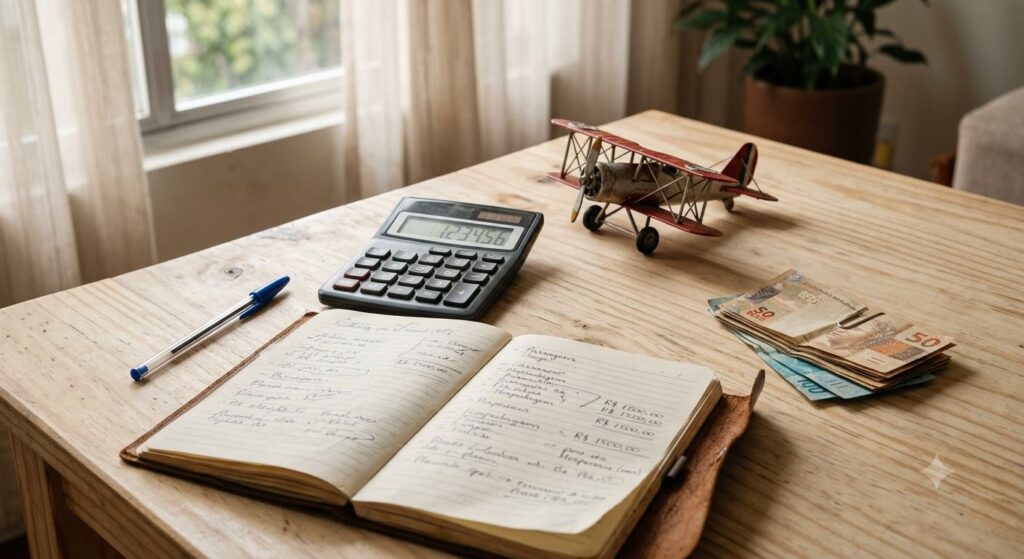 Caderno com orçamento de viagem em família, calculadora, dinheiro e avião de brinquedo sobre uma mesa.