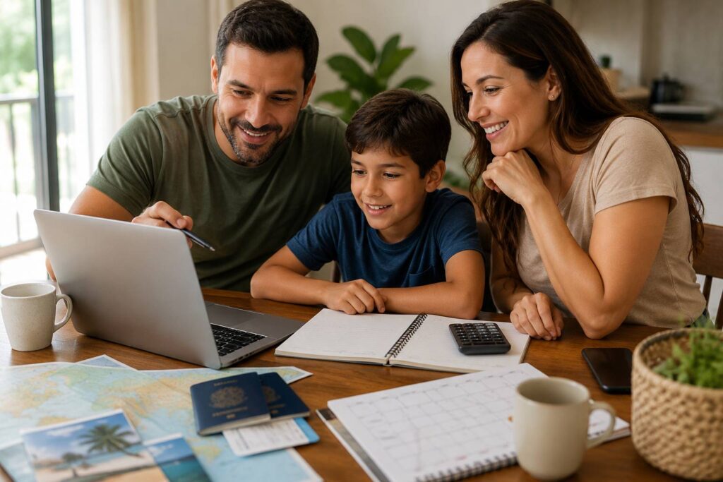 viagem nas férias escolares sendo planejada por família com criança