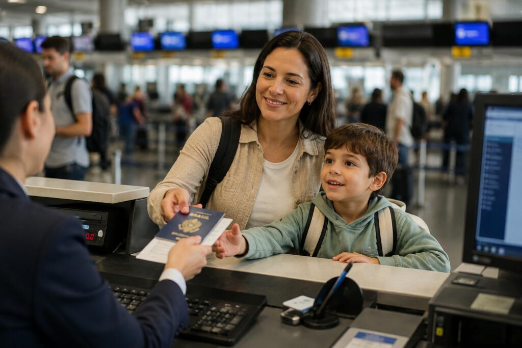 Mãe e filho no balcão de check-in com passaporte e autorização de viagem internacional para criança.