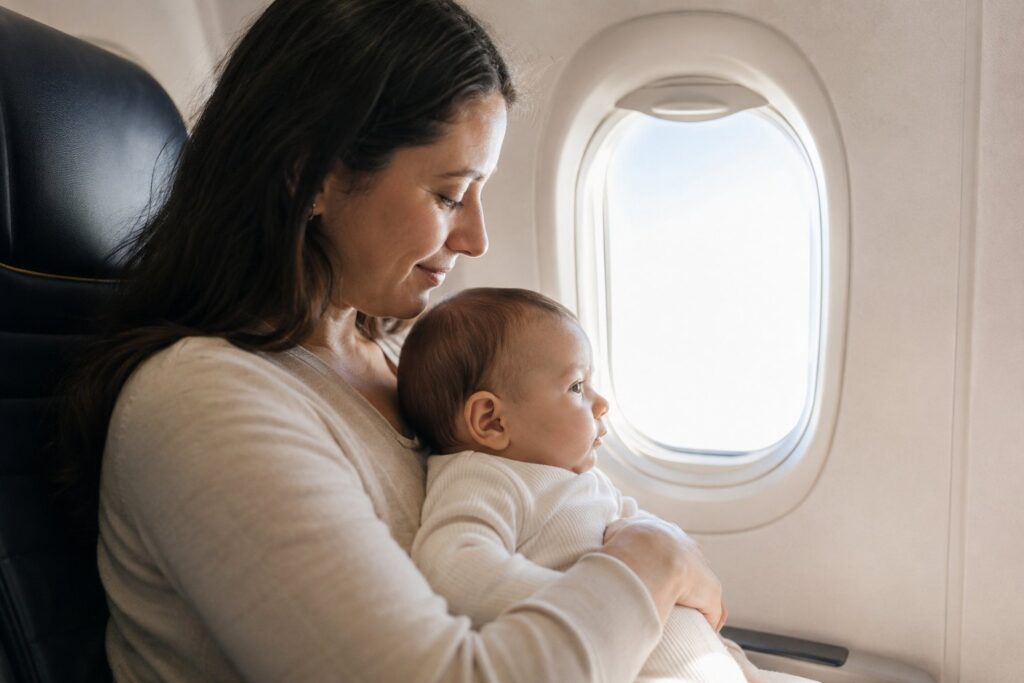 Bebê de colo no avião sendo segurado pela mãe no assento ao lado da janela durante o voo.