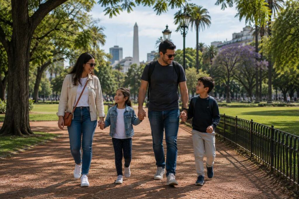 Família brasileira caminhando em um parque de Buenos Aires com criança.