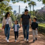 Família brasileira caminhando em um parque de Buenos Aires com criança.