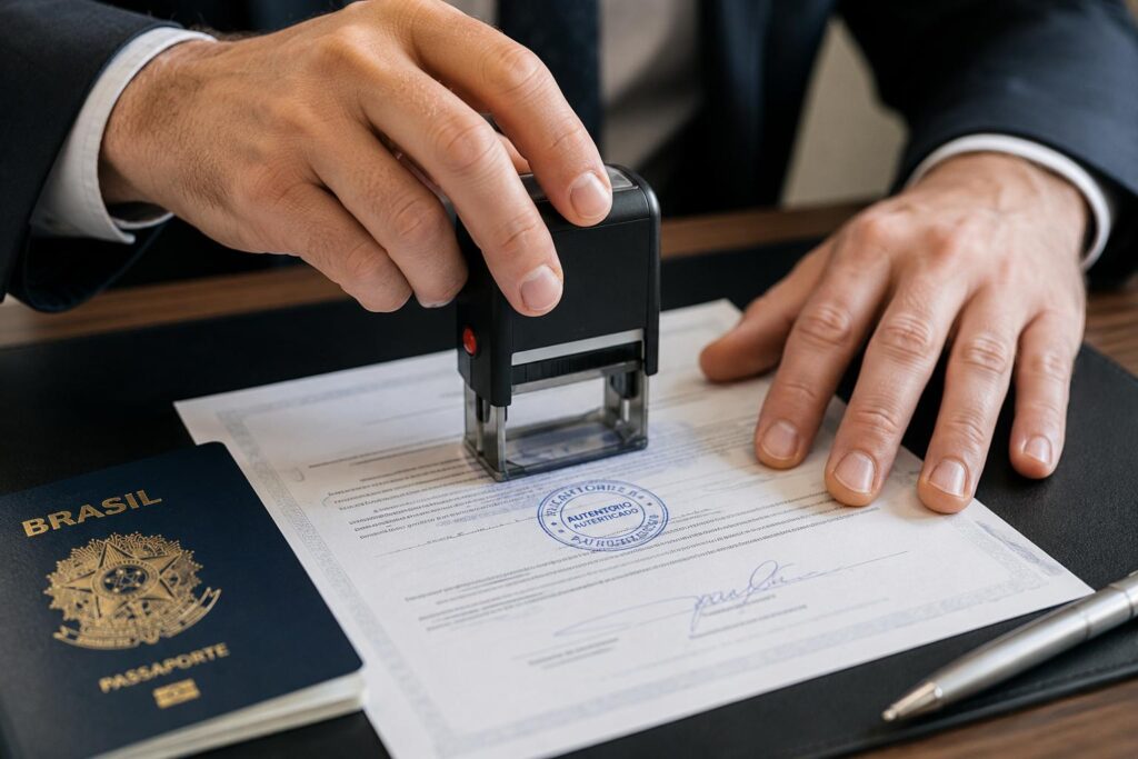 Cartorário carimbando documento de autorização de viagem internacional para criança.