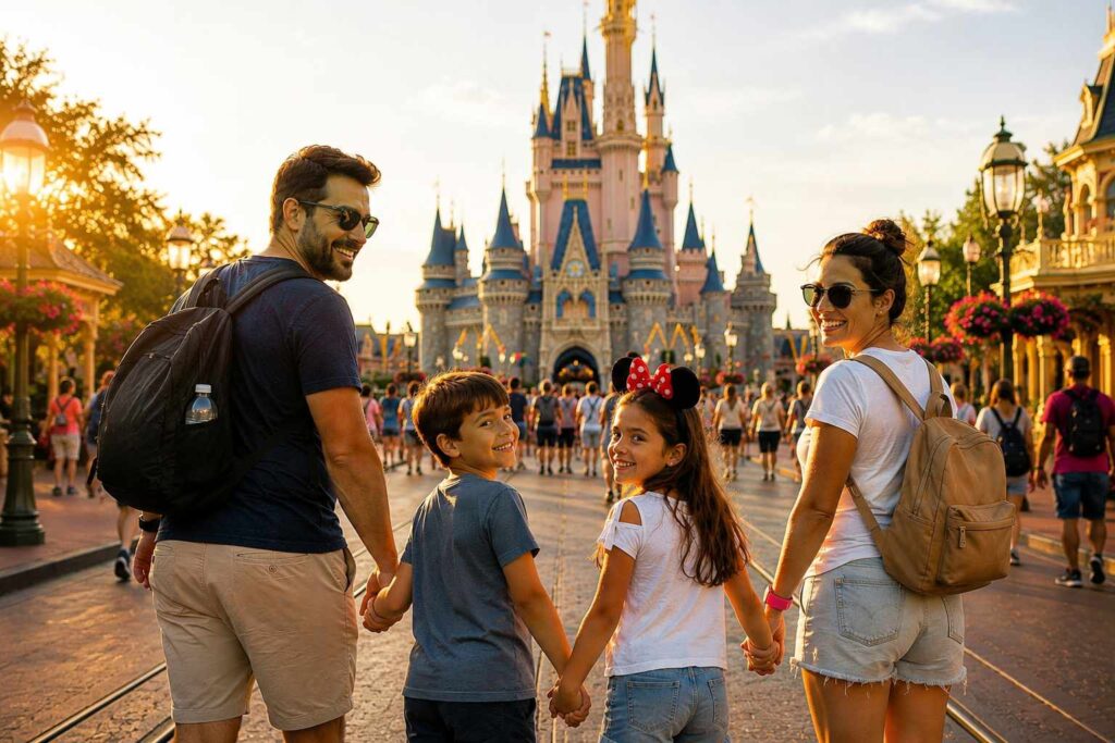 Família brasileira sorrindo em frente ao castelo da Disney em Orlando com crianças.