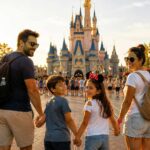 Família brasileira sorrindo em frente ao castelo da Disney em Orlando com crianças.