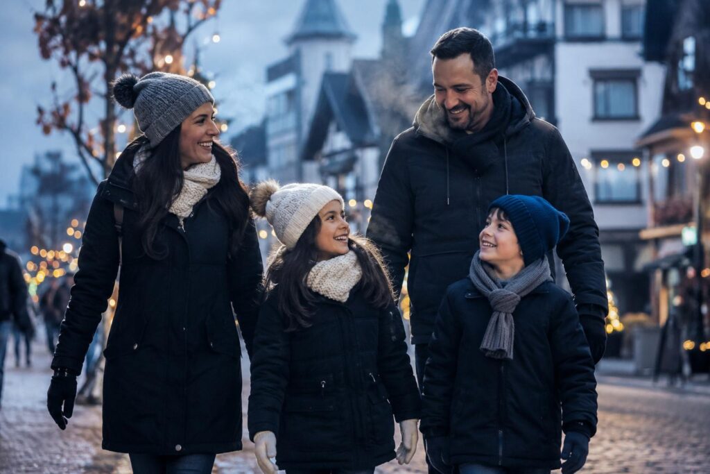 Família brasileira caminhando em cidade de montanha durante o inverno, exemplo de destinos no Brasil para viajar com crianças.
