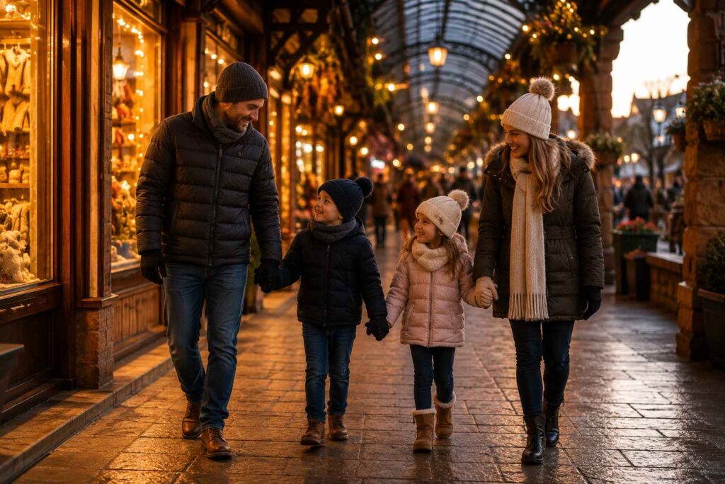 Família com duas crianças agasalhadas caminhando pela Rua Coberta de Gramado ao entardecer