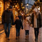 Família com duas crianças agasalhadas caminhando pela Rua Coberta de Gramado ao entardecer