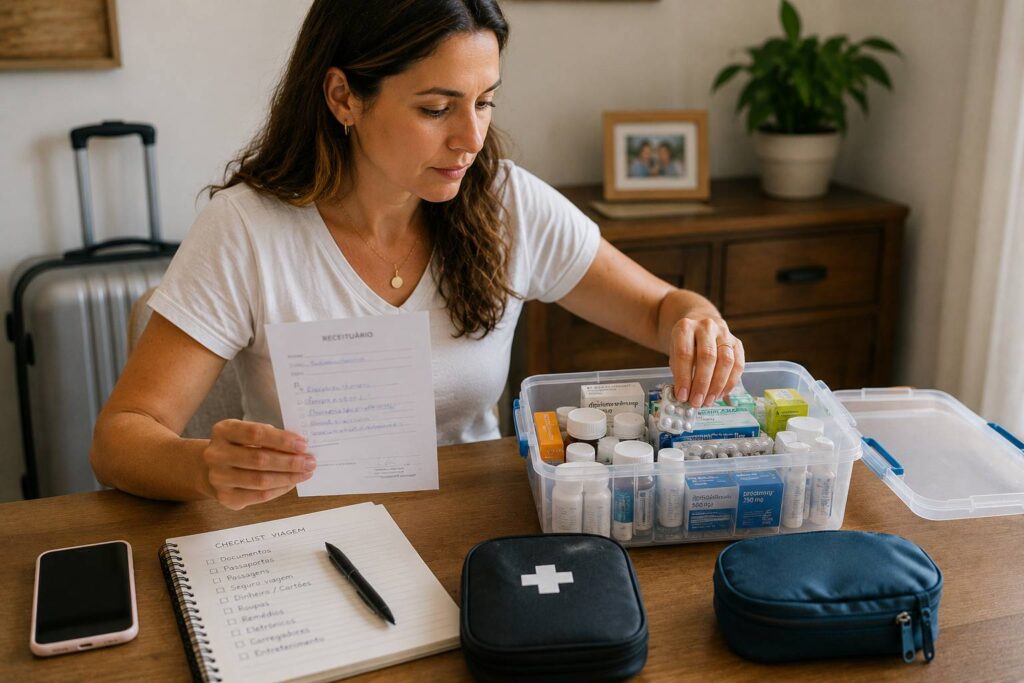 Mãe organizando receita médica e medicamento controlado em viagem internacional antes de viajar com uma criança.