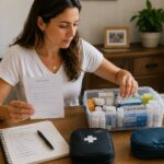 Mãe organizando receita médica e medicamento controlado em viagem internacional antes de viajar com uma criança.